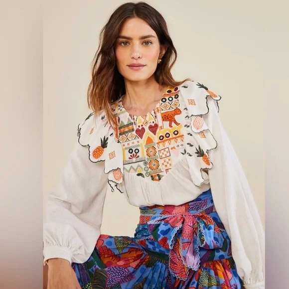 FARM Rio White Embroidered Fall Leaf white Blouse - Picture 1 of 5